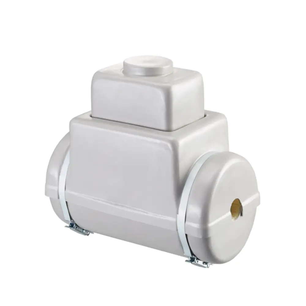 Wärmedämmschale aus Hartschaum in grau mit Metallband, geeignet für verschiedene Oventrop HydroControl-Modelle. Kompakte Bauform ohne erkennbare Maße.